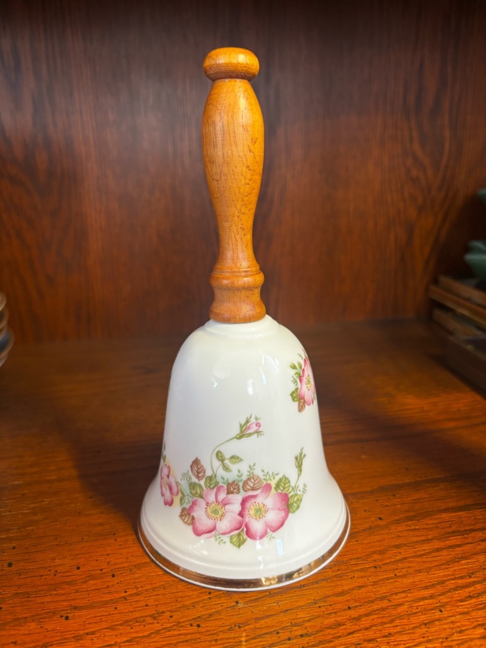 Floral Bone China Hand Bell with Wooden Handle - Pink